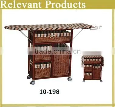 wooden ironing board table in cabinet with wheels and willow baskets