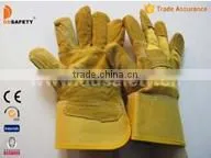 Yellow Cow Split Leather Safety Glove With Patch Palm Yellow Cotton Drill Back