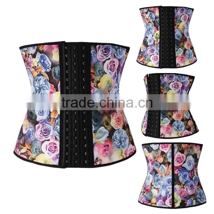 2015 New Fashionable Floral Printed Corset Flower Printed Waist Trainer with 100% Latex