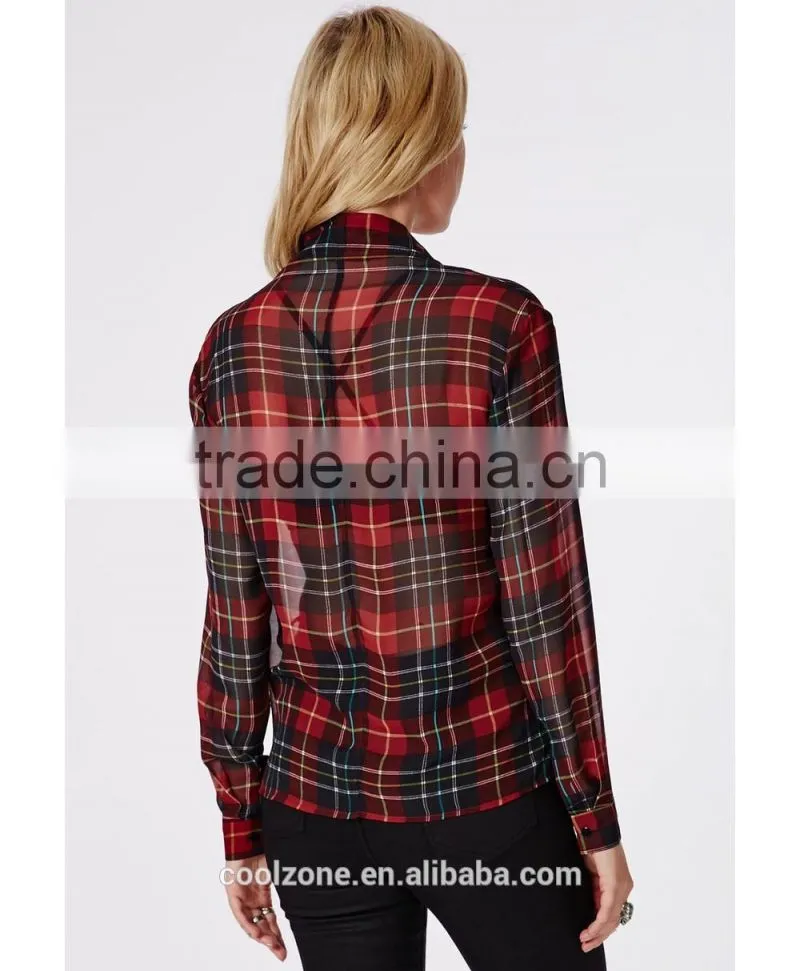 90's Deep plunge wrap over style 2015 new design chiffon ladies blouse