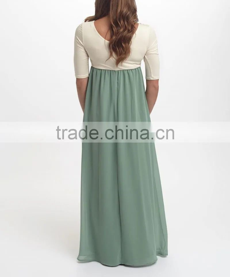 New Arrivals Maternity Dresses With Sage And Ivory Color Block Maternity Scoop Neck Maxi Dress Women Wear WD80817-1