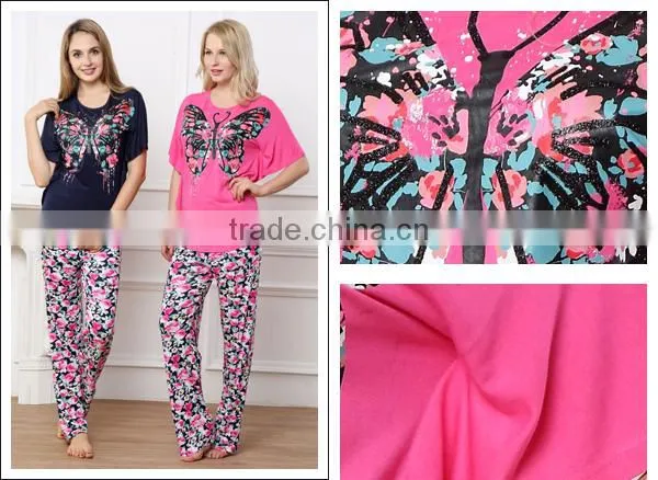 Fancy 100%viscose pajamas&sleepwear butterflies printed designs plus size women pajamas