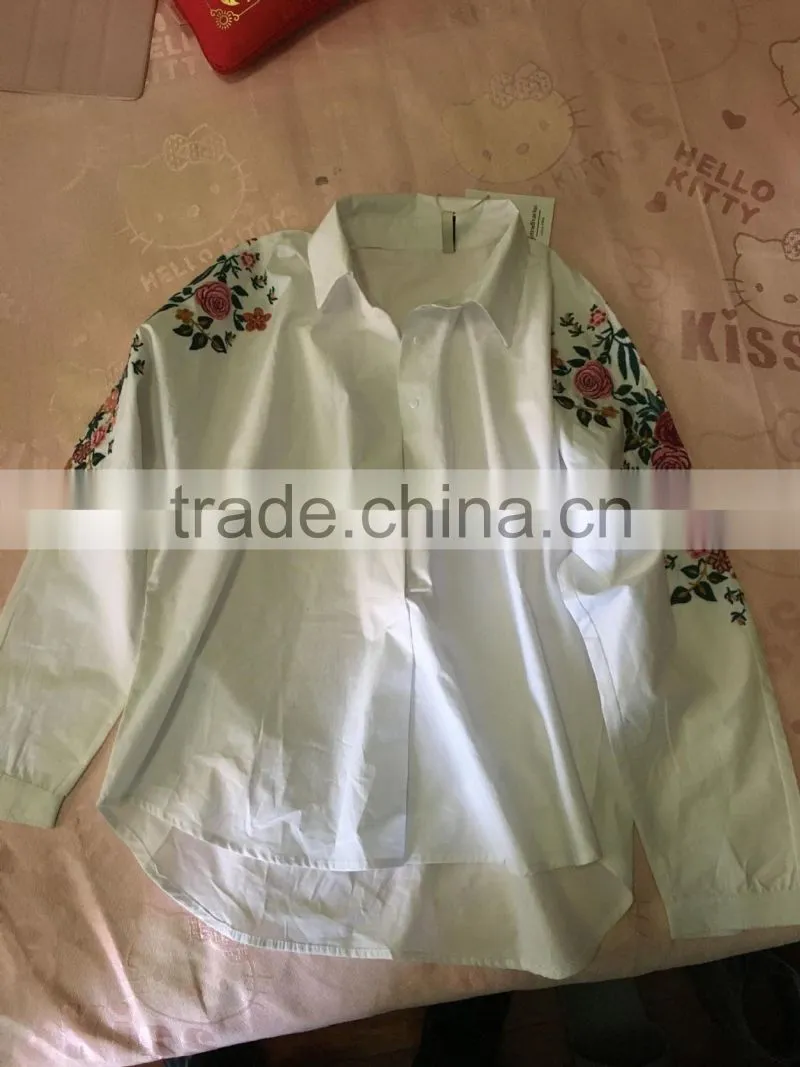 2017 spring and summer national style embroidered long sleeve blouse lapel embroidery white cotton shirt