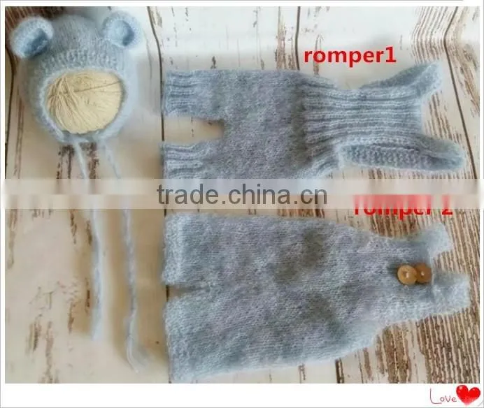 Newborn mohair bonnet and romper sets handmade knitted overall handmade knitted baby bear bonnet newborn hoodeed knit romper