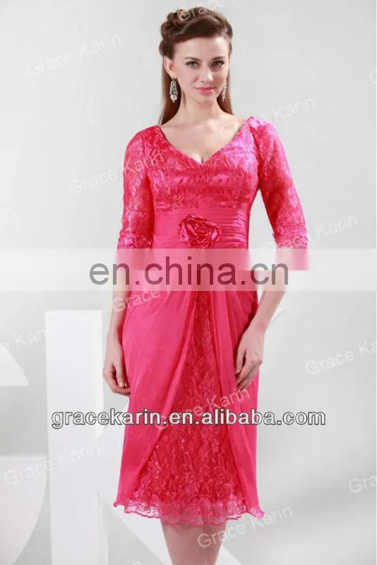 2015 Grace Karin Knee-Length Lace Mother of Bride Dress with Middle Sleeve Women's Black and Red V-Neck CL4363-2#