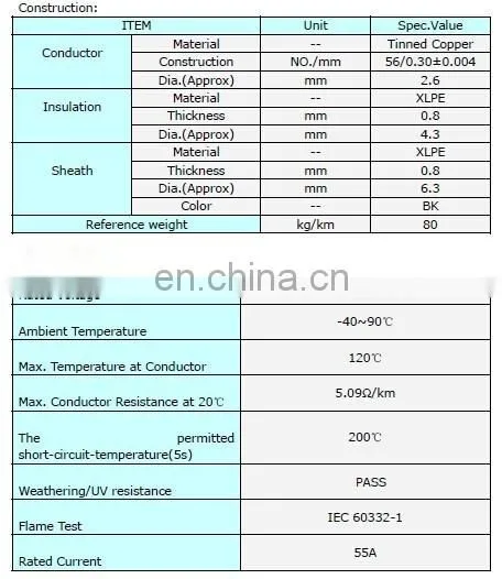 Thinned copper conduct 4mm2 dc solar cable