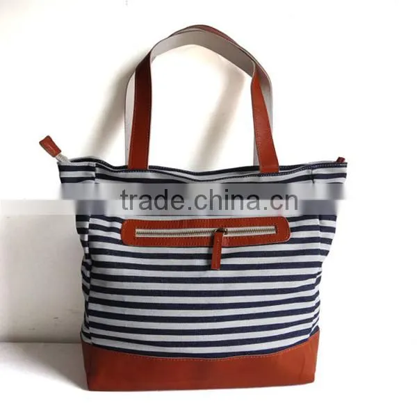 Navy Stripe Stylish Denim Bag Denim Tote Bag With Leather Trim