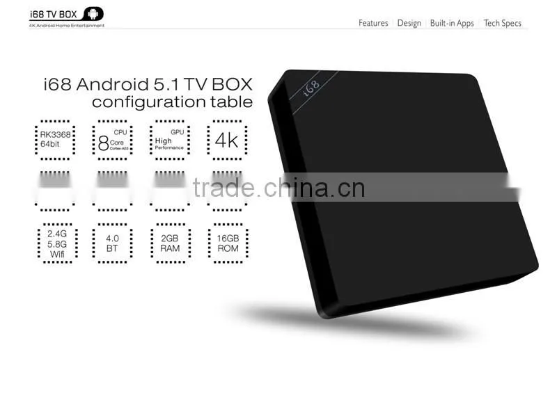i68 XBMC Kodi RK3368 Android TV Box 5.1 2Gb Ram 16GB Rom H.265 2.4G&5G Dual Wifi 4K Mini PC Octa Core