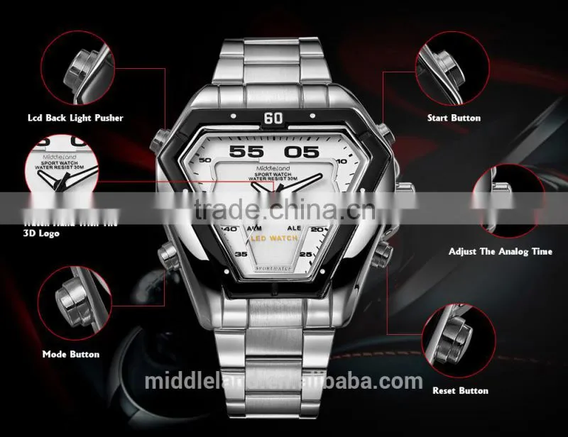MIDDLELAND Stainless Steel Watch Band Alloy Watch Case Smart Waterproof Men's LED Light Up Watches