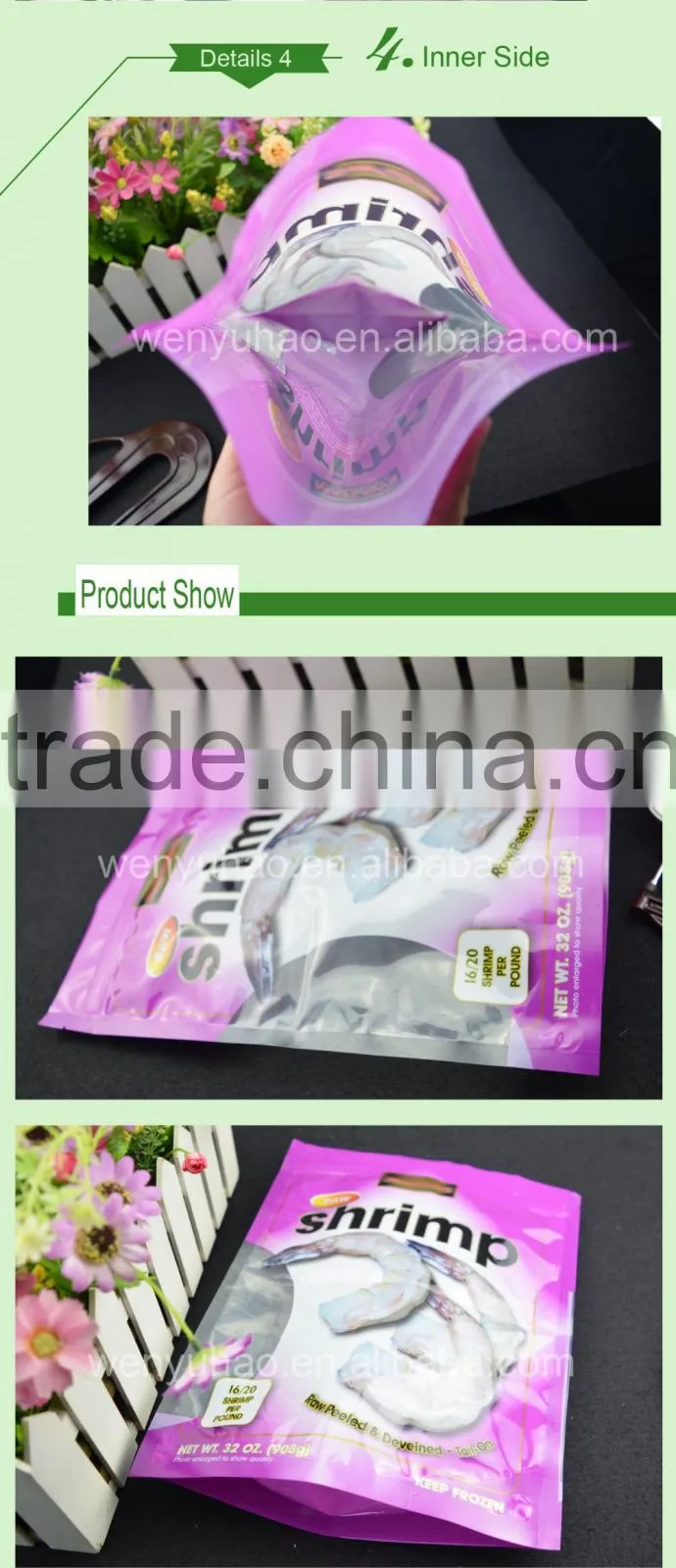 food grade shrimp packing composite zipper plastic bag / vacuum stand up pouch