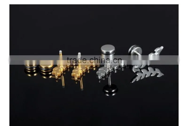 2016 Spring latest fashion men jewelry accessories long top design golden leaf earring for men