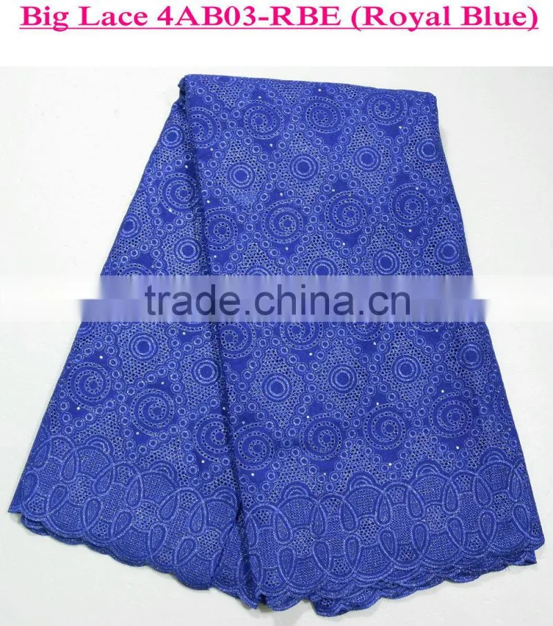 Latest lace 2015 embroidered cotton voile fabric royal blue swiss cotton lace fabric