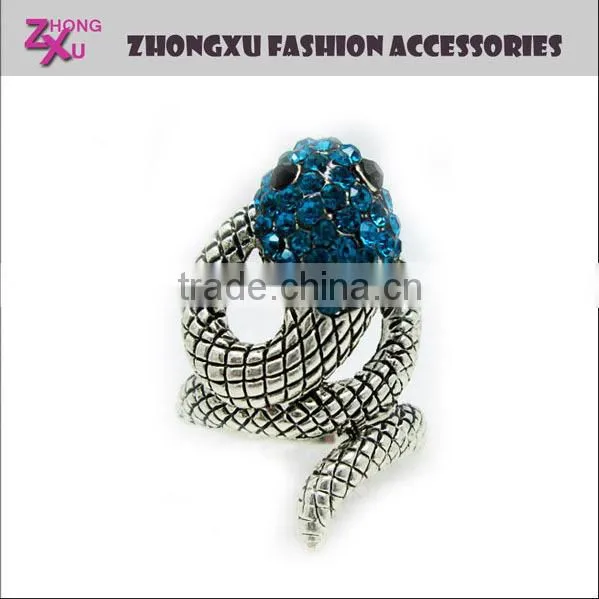2014 custom cheap antique silver snake ring with rhinestone