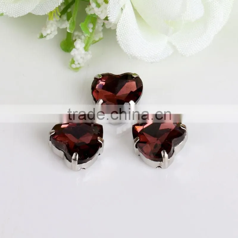 Best selling 14mm blue zircon color heart shape pointback sew on stone with base setting