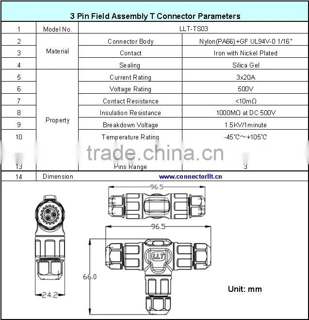 field installable screw fixing waterproof 3-way T connector Tee junction