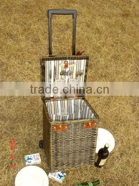handweave wicker picnic basket with wheels& trolley&pull rodand wheels in autumn &fall