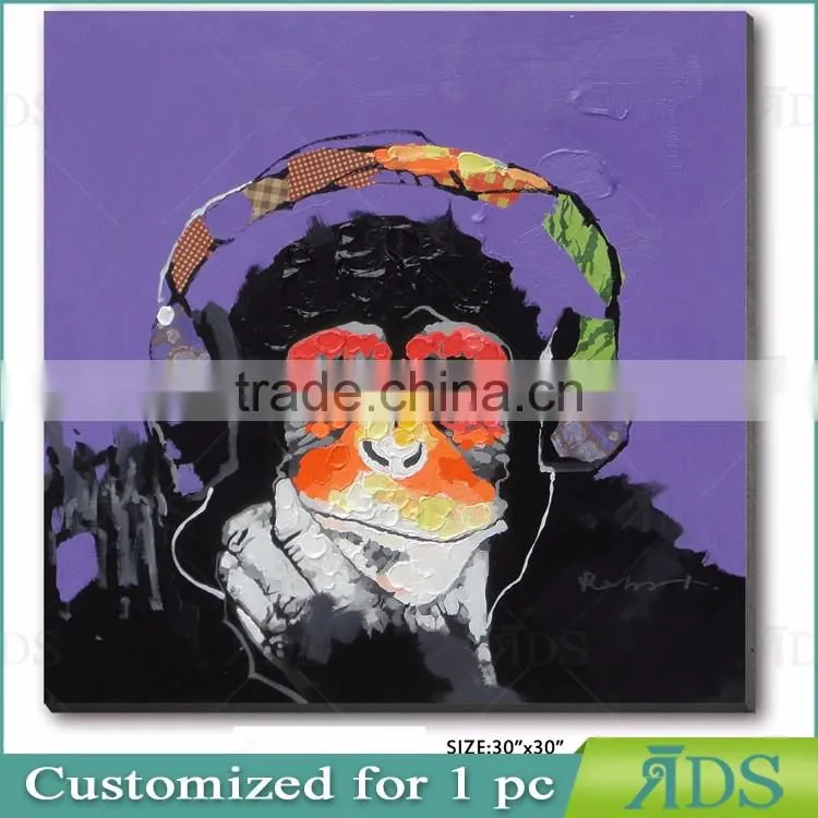 Amazon Best Sellers Hand Painted Oil Painting on Canvas Pop Art Cool Ape Listening Music with Headphone Framed Ready to Hang