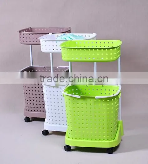 plastic two layers laundry basket bathroom shelves with wheels