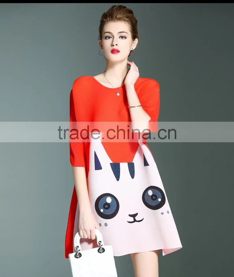 Lovely cat print women loose custom design casual dress