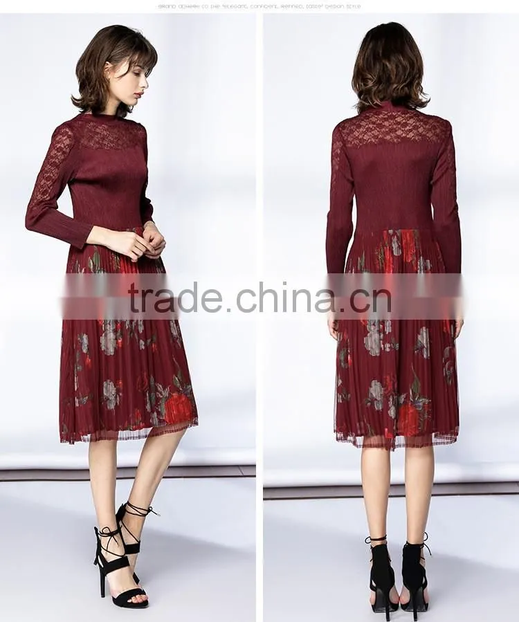 Pleat large sized spring lace splicing printed dress for women