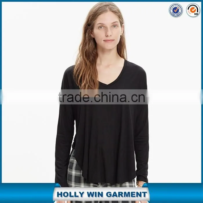 Black plain v neck long sleeve women t shirt