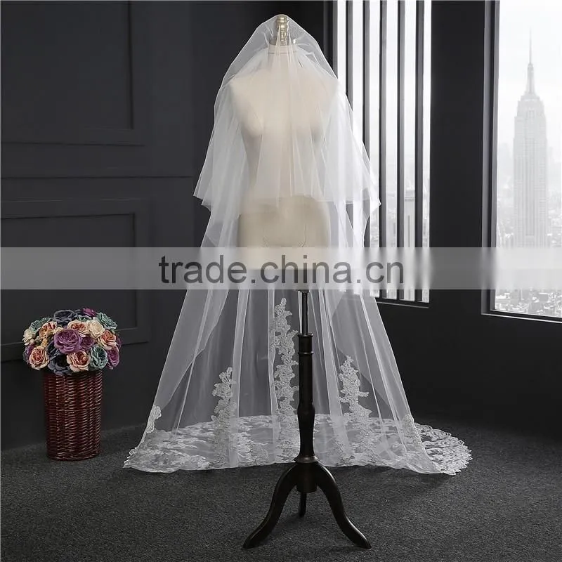 2017 wholesale new grance long lace bridal wedding veil Fashionable long Tulle HL14