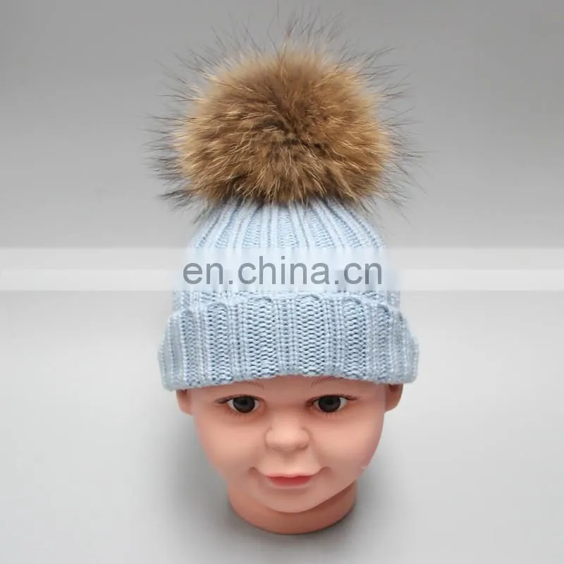 Winter wholesale kids poms hat children hat with high quality raccoon poms