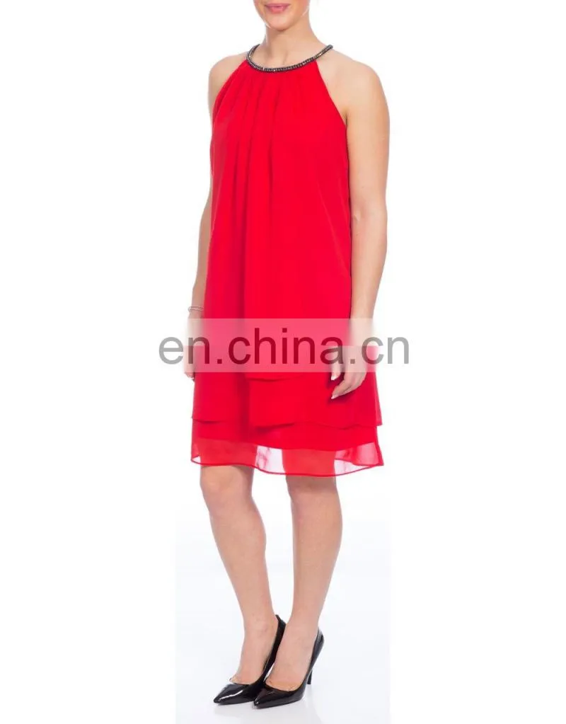 Solid Red Long Layer Women Tunics with Beaded Halter Dress