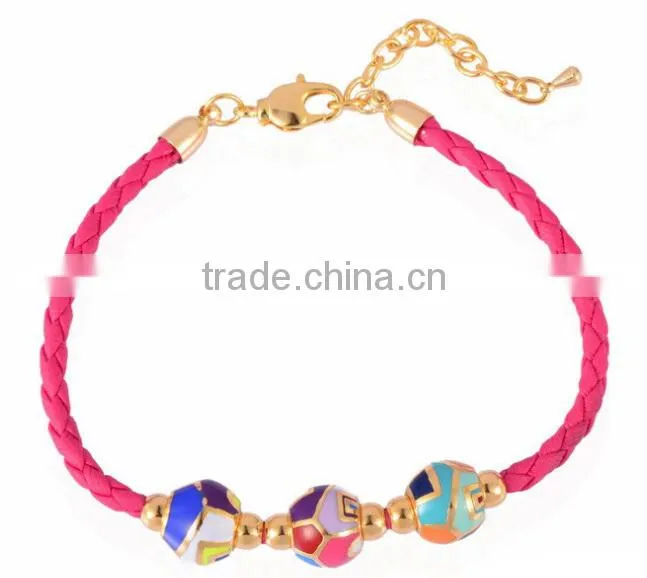 customized fake cloisonne enamel bead teen leather bracelet