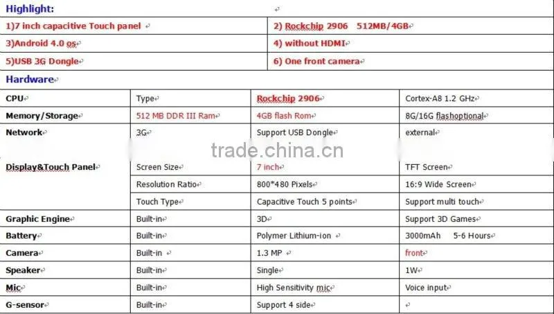 New 7 " Android 4.0 os , Cortex-A8 1.2 GHz , 512MB/4GB, 800*480 Pixels , 3000mAh Battery Tablet PC , Support USB 3G Dongle
