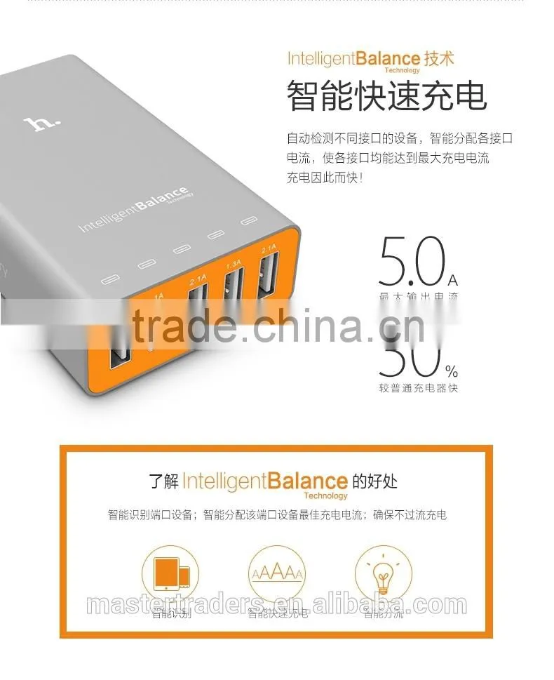Original HOCO Universal Intelligent Balance ABS PC Material Quick Travel Charger Adapter With 5 USB MT-3587