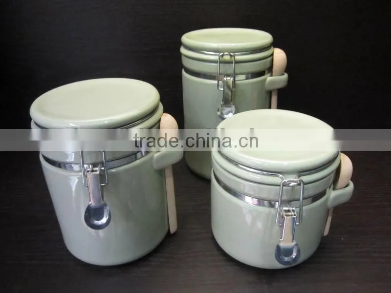 3 pieces green ceramic canister set, glaze ceramic canister