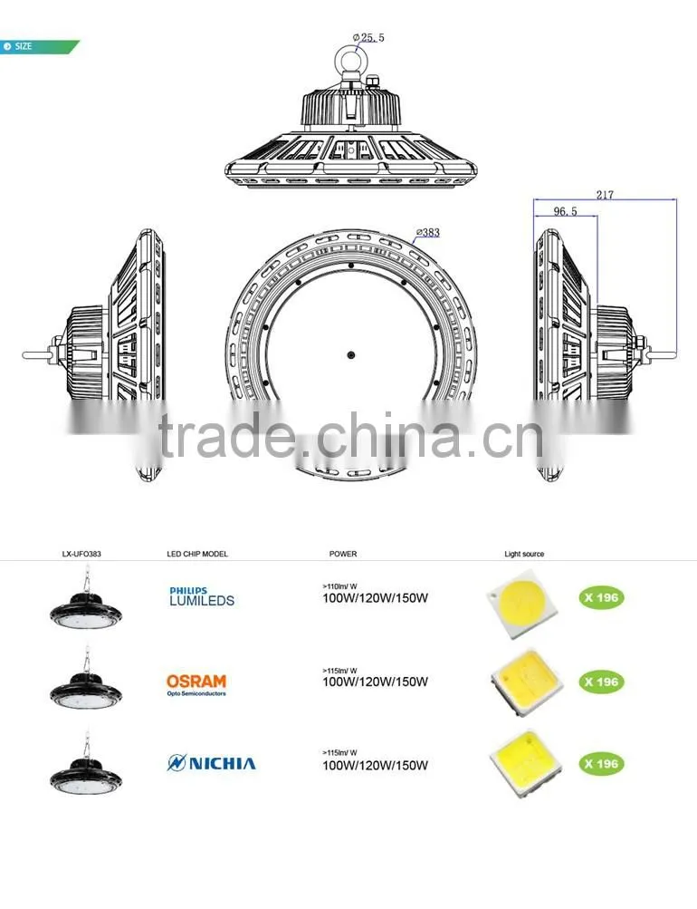 CE and ROHS Certification CE Rohs 140lm w cool white Nichia Osram chip 150w 120w led high bay light