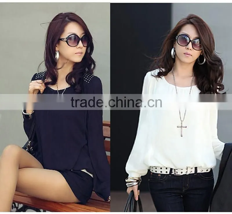 Sexy women Chiffon Blouses Puff Long Sleeve Lace Shirts Loose O-neck Plus SizeTops