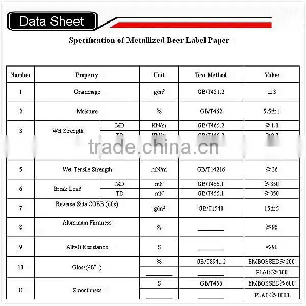 High Quality Metallized Beer Label Paper