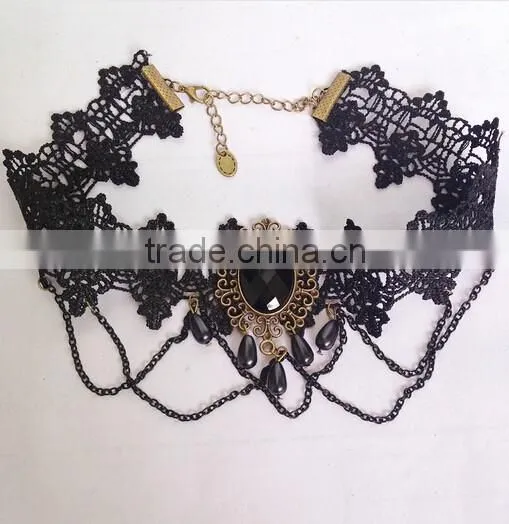 Black Bead Pendant Chain Flower Lace Choker Handmade Women Necklace Gothic Vintage
