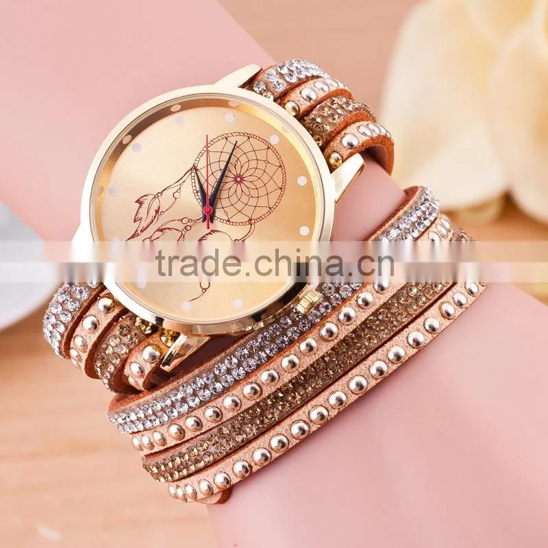 2016 new product Vintage Fashion watch,dream catcher leather watch bracelet with stones