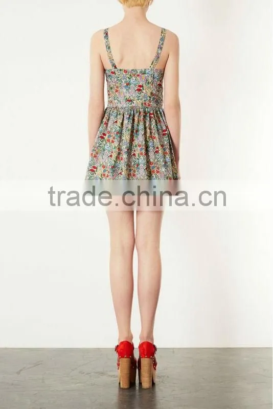 Newest fashion floral print with bust cup & cutout lady's summer prom dress