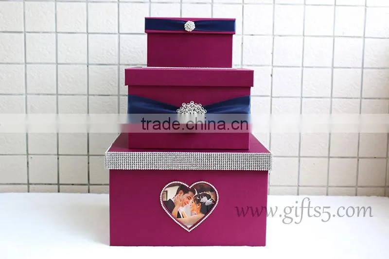 Elegant purple wedding card box in handmade with photo frame