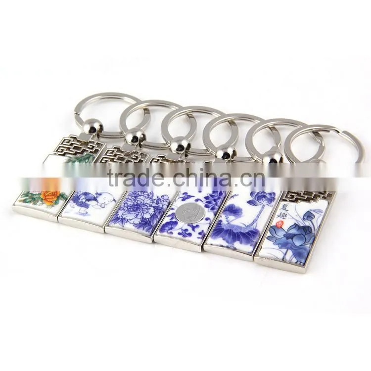 blue and white porcelain logo excellent qualtiy key chain with beautiful paper card