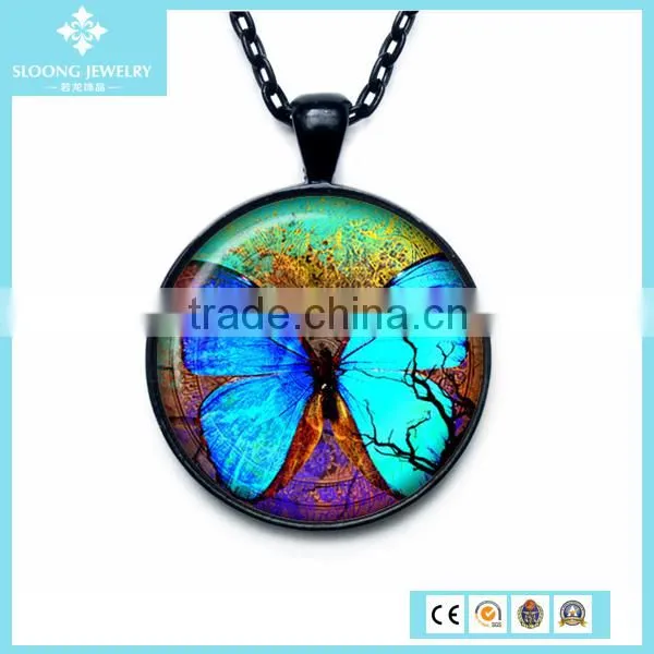 2015 Charm Round Glass Blue Butterfly Pendant Online