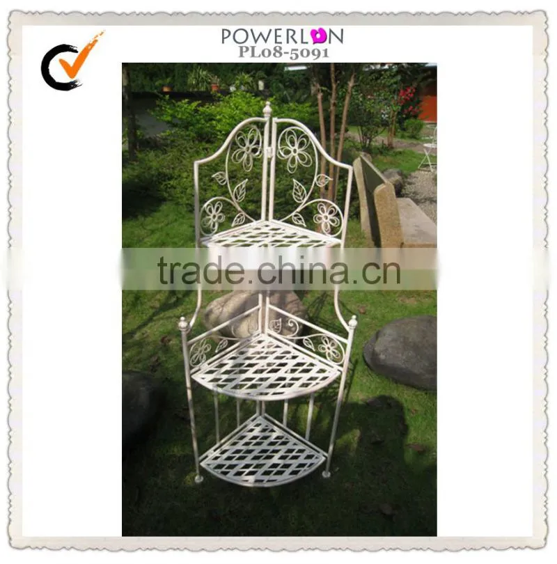 Folding white wrought iron flower shelf