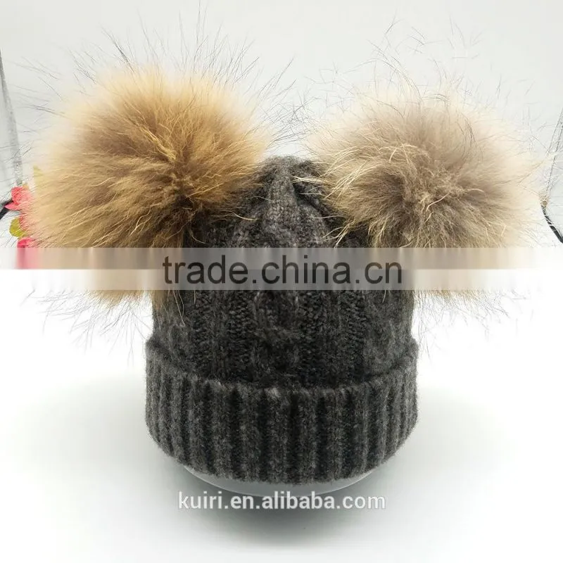 Stylish kids Double Balls Winter Warm Wholesale Beanie Hats with raccoon fur ball