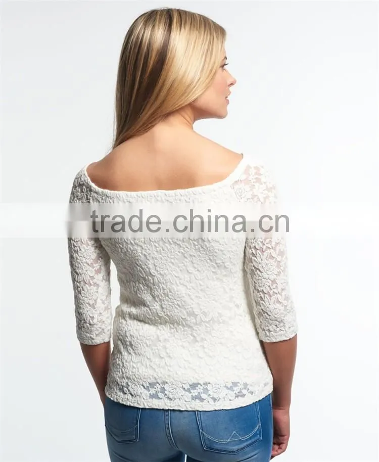 2016 Guangzhou Shandao Hot Selling New Arrivals Summer Casual Fat Women 3/4 Sleeve White Boat Neck Slim Lace Plus Size Top