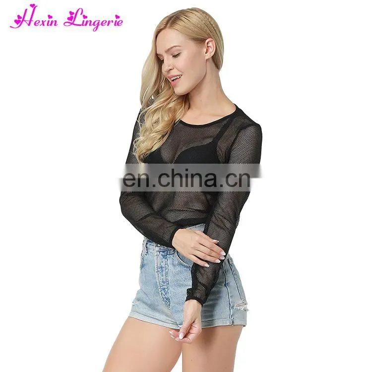 Hot Sale Fishnet Oversized Crewneck new design women blouse long sleeves