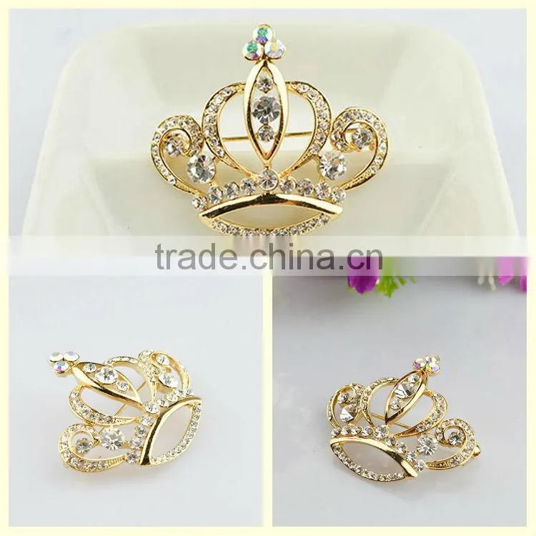 2014 free sample prom rhinestone gold royal crown brooches pin
