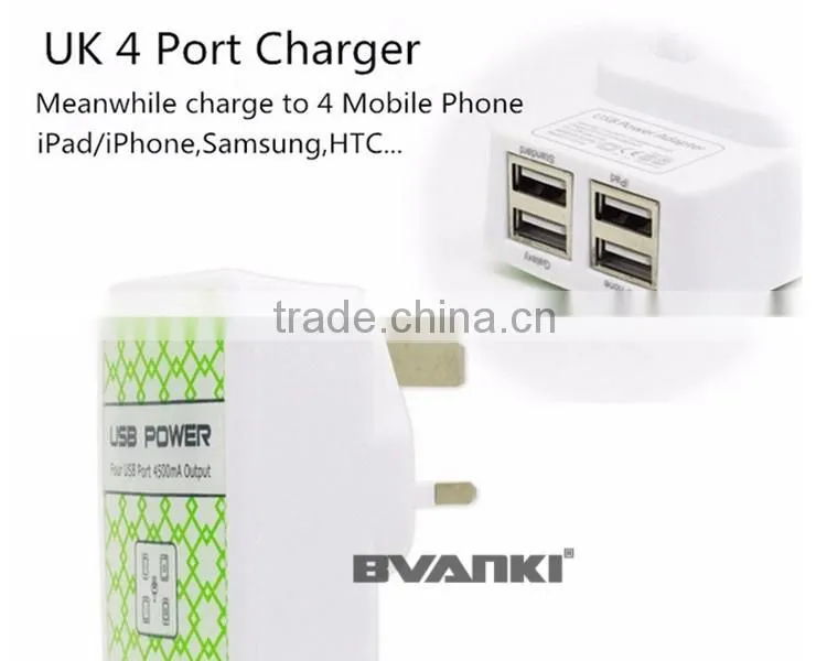 2016 Lastest Design High Speed Wholesale US EU UK AU Plug 4.5 A led flashlight usb 4 port Universal Portable USB Charger
