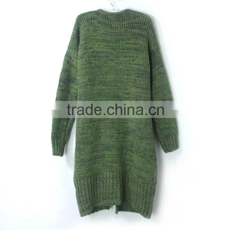 Deep v-neck knitting long coat lady long sleeve pocket casual sweater cardigan