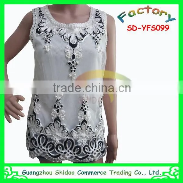 Fashion polyester non woven organza mesh high quality embroidery blouses beads decoration blouse