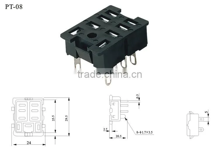 PT-08 General Miniature Black Color 300V 10A 8 Pins Square Type Electro-magnetic Industrial Power Relay Socket with CE